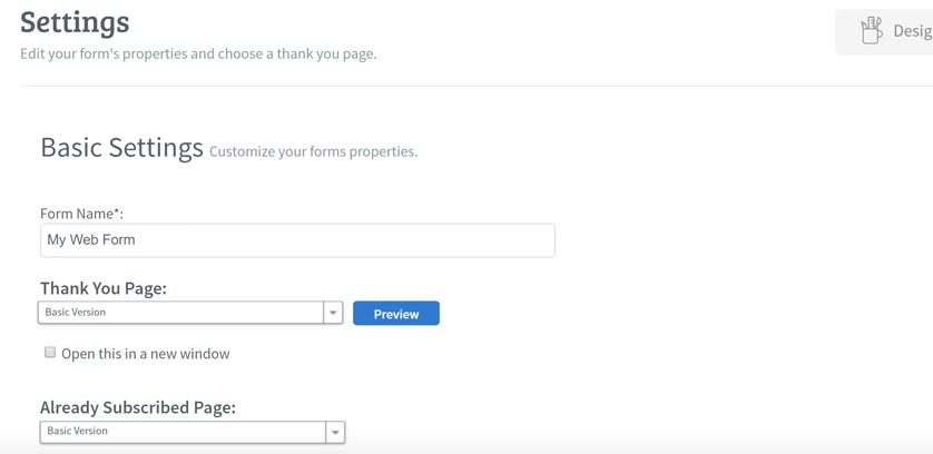 settings page